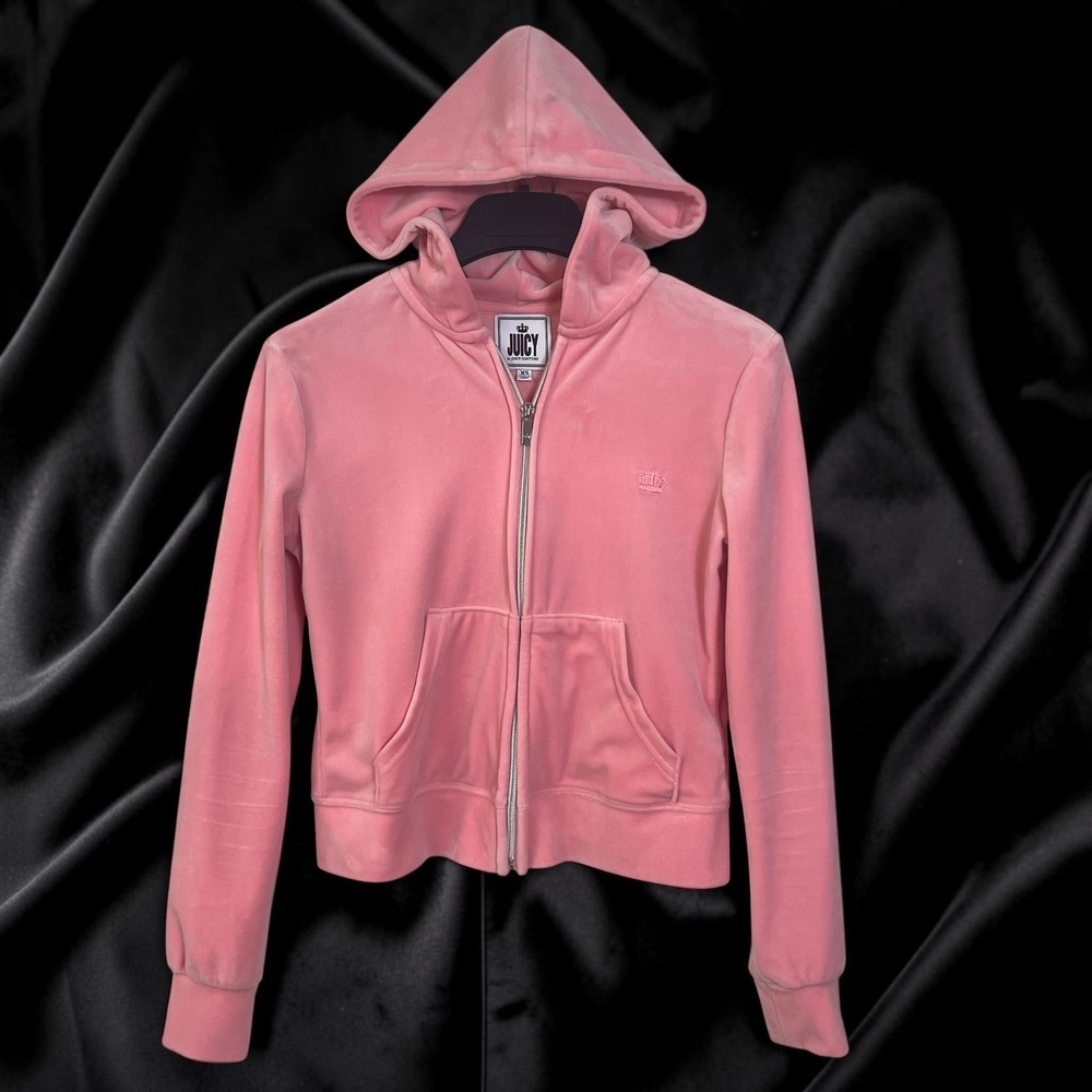 Juicy by Juicy Couture Kids Pink Velour Full Zip Hoodie Crown Logo XS